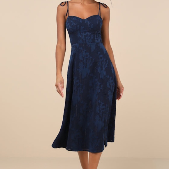 Lulus Loveliest Looks Navy Blue Floral Jacquard Tie-strap Midi Dress - Size S - Picture 1 of 1